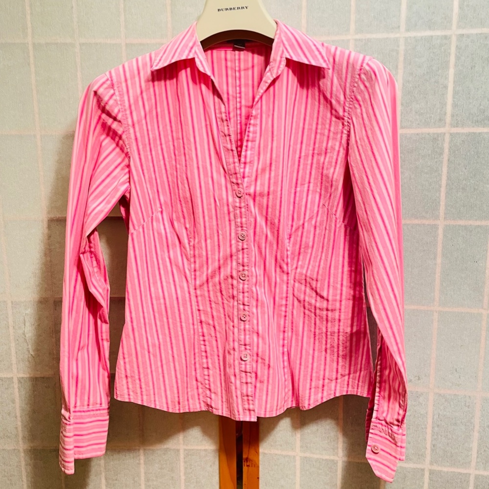 Ann Tayler classic pink stripe fitted button down shirt, XS Petite